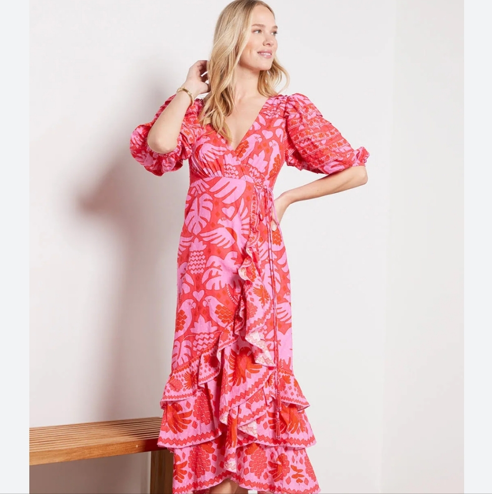 FARM Rio jungle scarf red wrap midi dress NWT